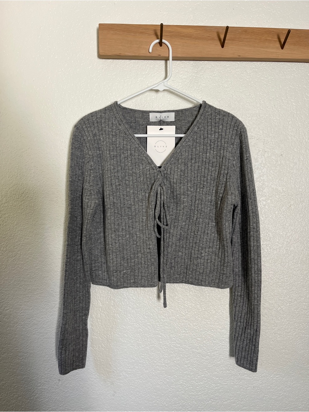 OLIVE Clothing wool cropped, tie front cardigan in heathered grey